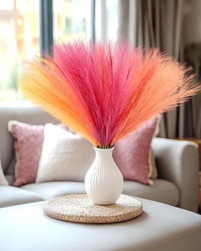 Veneloo 30pcs Faux Pampas Grass Pink Orange Fall Decor, 17.7inch Short Artificial Pompous Grass Fluffy Fake Pompas Branches Vase Filler Flower Arrangement for Home Party Outdoor Wedding Decor thumbnail 2