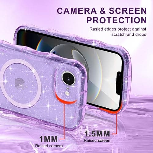 Pepmune Magnetic for iPhone 17e/16e Case Clear, Sparkly Bling Glitter Cute Curly Wave Transparent Cover for Women Girls Compatible with MagSafe TPU Shockproof Phone Case for iPhone 16e/17e, Purple thumbnail 5