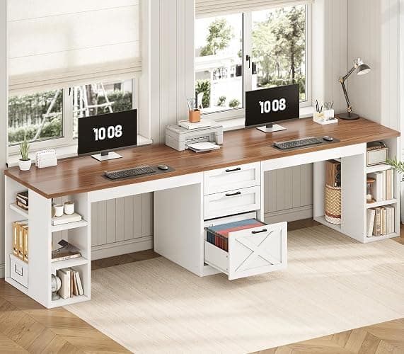 SEDETA Farmhouse 96.5" Computer Desk with Drawers, 2 Person Home Office Desk, Gaming Double Desk with Storage Shelves, Long Two Person Writing Desk (White and Brown) - Image 1