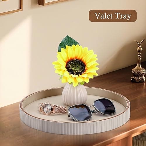 GORESE 12" Round Decorative Tray for Coffee Table, PU Leather Compact Serving Tray for Home Decor & Everyday Accents, Modern Nightstand Tray for Jewelry & Perfume, Beige thumbnail 2