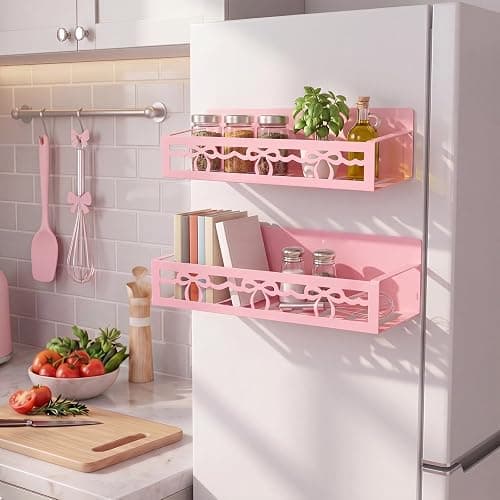 Beeveer 2 Pack Lace Bow Magnetic Spice Rack for Refrigerator Metal Magnet Basket Shelf for Fridge Seasoning Storage Organizers Home Decor Kitchen Accessories (Pink) thumbnail 6