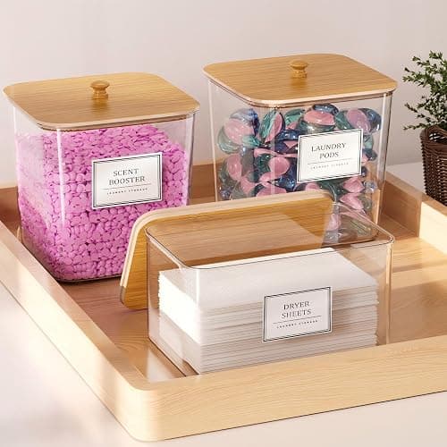 HomePekite Laundry Pods Storage Container, Clear Laundry Room Organization and Storage ,Detergent Powder Container,with Wooden Lids & Labels, 3+1 Pack thumbnail 2