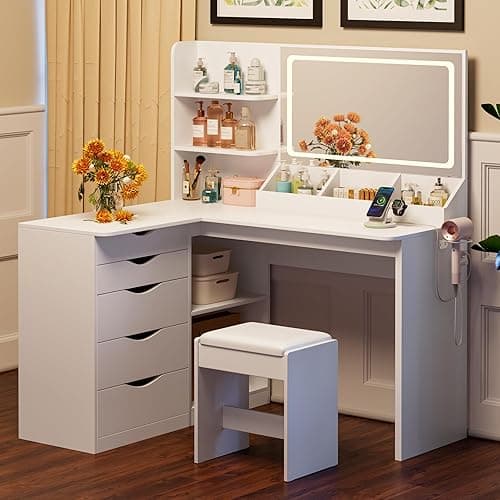 JUMMICO Makeup Vanity Desk with Mirror and Lights, L- Shaped Vanity, Modern Vanity Table with 5 Drawers & Adjustable Shelves, Power Outlet with Fast Charging, for Bedroom (White) thumbnail 8