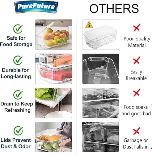 Pure Future 10-Pack Fridge Organizers and Storage with Lids - Clear Plastic Refrigerator Bins with Drain Trays - Stackable Produce Saver for Fruit, Veggies and Pantry, BPA-Free thumbnail 6