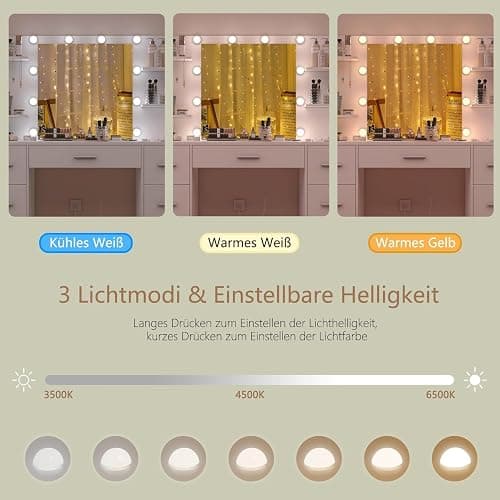 TEENFON Große Schminktisch mit verstellbaren LED-Beleuchtung und Steckdosen, Schminktisch mit Spiegel, 7 Schubladen, 4 offenen Ablagen und 5 Schmuckhaken für das Schlafzimmer, Weiß thumbnail 7