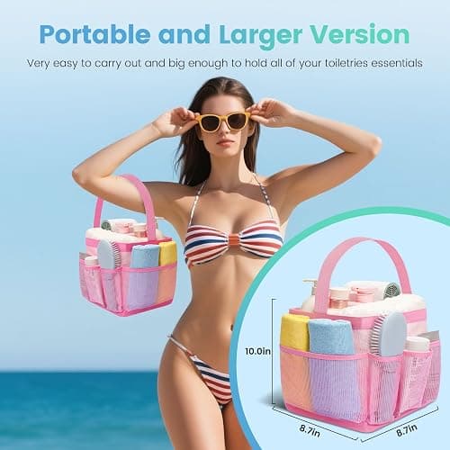 Camping Essentials Shower Caddy Portable for College Dorm Room Essentials for Girls with 8 Pockets,Large-Capacity Shower Caddy Dorm Basket,Quick Dry Bath Bag for Bathroom,Gym,Travel,Swim,Beach-Pink thumbnail 5