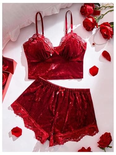 SOLY HUX Women's Lace Velvet Pajama Set Camisole Crop Tops and Shorts Lingerie Sleepwear Loungewear thumbnail 3