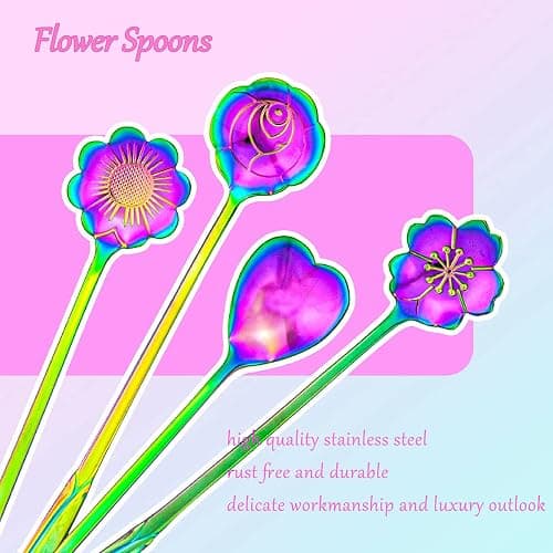 LEEFONE Flower Spoon Set of 4, 7 Inches Stainless Steel Reusable Cute Tea Spoon for Drink Mixing Milkshake Jam (Rainbow) thumbnail 4