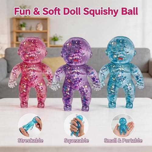 Glitter Doll Squishies Stress Ball, Squishy Babies Sensory Fidget for Stress Relief, Soft Cute Squeeze, Portable Desk Decor & Relaxing Gift for Adults (Pink) thumbnail 4