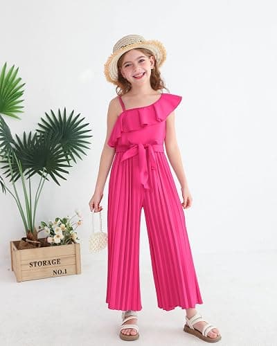 YOURUIKEY Girls' Jumpsuit Kids Ruffle Trim Halter Waist Belt Wide Leg Pleated Long Romper Tween Gilrs Summer Outfit Size 8-12 thumbnail 2