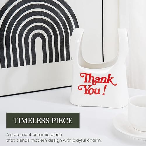 Handmade Ceramic Bag Flower Vase with Red “Thank You” Print | Glossy White Purse Vase for Modern Home Decor, Mantel, Kitchen, Living Room, Table Centerpiece thumbnail 9