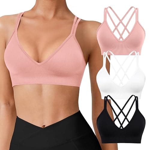 VEQING Seamless V-Neck Women Sports Bras, Padded Cross Back Wireless Low Impact Workout Yoga Bras for Small Chests, 3 Pack - Image 1