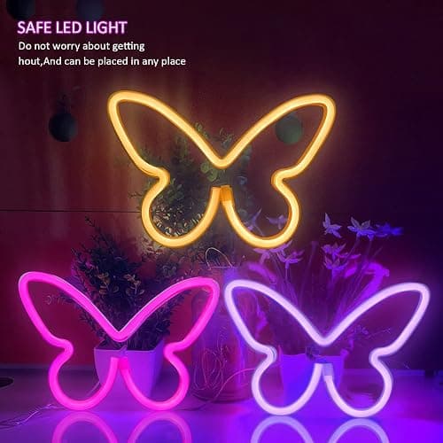 BRIGHTDECK 3 Pcs Butterfly Neon Signs, Neon Light for Bedroom, USB or 3-AA Battery Powered LED Wall Décor for Valentines Day Birthday Gift, Wedding, Party, Home Decor (Pink, Purple, Warm white) thumbnail 6