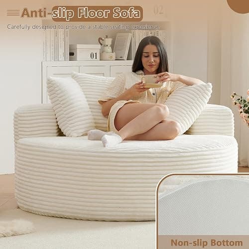 Oversized Round Chair Lounge Chaise Indoor, Upholstered Corduroy Deep Seat Cloud Large Circle Sofa Chair, No Assembly Required, Fluffy Modern Sleeper Sofa Bed for Reading, Living Room, Bedroom, White thumbnail 5