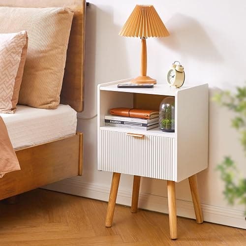 Aibiju Nightstand with Storage Drawer, Modern Bedside Table with Liner Drawer and Solid Wood Legs, Small End Table with 2-Tier Storage, White YD-TM061W thumbnail 2