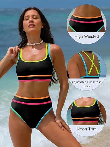 popvil Women's High Waisted Bikini Sets Neon Two Piece 2026 Swimsuit Sporty Adjustable Straps Bathing Suit thumbnail 6
