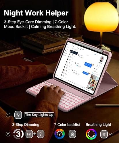 JKSML for iPad (A16) 11th/10th Gen case with Keyboard, Round Key, 7 Color Backlit, Detachable Wireless Keyboard, Stand Folio Cover with Side Pen Holder for iPad 10.9" (2022)/ 11" (2025) - Pink-N thumbnail 4