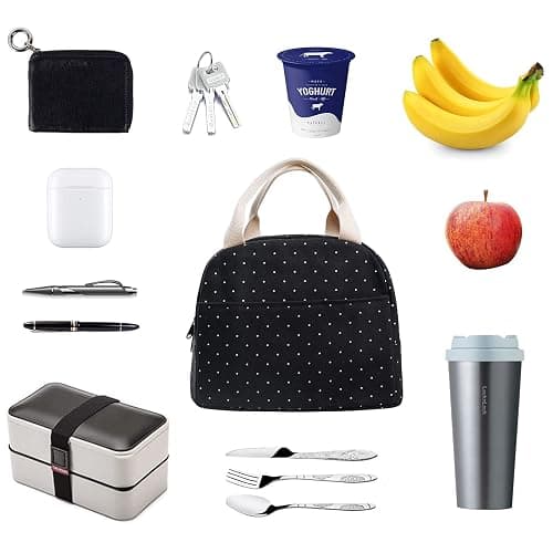 EurCross Upgraded Compact Black Lunch Bag for Girls Women,Canvas Reusable Insulated Polka Dot Lunch Tote Box Bag for Work School thumbnail 6