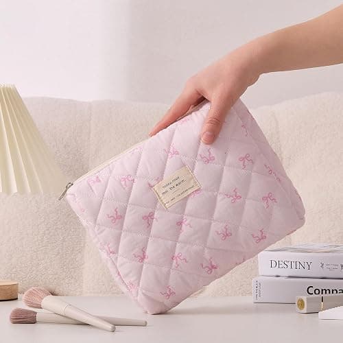 Quilted Makeup Bag, Large Capacity Travel Cosmetic Bag for Women and Girls, Aesthetic Storage for Daily and Travel Use (3PCS-Pink SlimBow) thumbnail 8