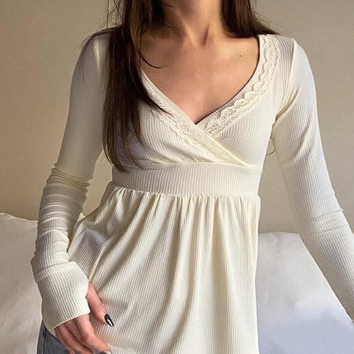 Y2k Long Sleeve V Neck Tops for Women Vintage Ribbed Top Fall Lace Trim Shirt Going Out Coquette Clothes thumbnail 5