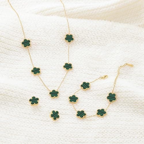 Qinpan Five Leaf Clover Necklace Bracelet and Stud Set for Women Lucky Flower Gold Plated Jewelry thumbnail 7