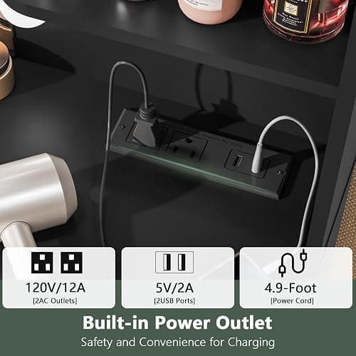 Quimoo Large Vanity Desk with LED Lighted Mirror & Power Outlet,Makeup Vanity Table with 7 Drawers,4 Shelves and 5 Hooks,Vanity Table, Vanity Desk Set for Bedroom,Bathroom，Black thumbnail 7