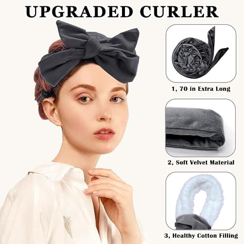 Gwabee No Heat Overnight Hair Curlers Headband, 70" Soft Ribbon Curl Wrap for Long Hair - 9 PCS Curling Rods Set - Grey thumbnail 3
