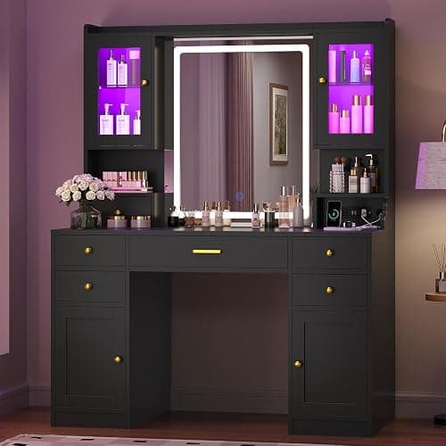 CSZZD Makeup Vanity Desk with Mirror and Lights, Black Vanity Table Set with Charging Station, Dressing Table with RGB Cabinets, Makeup Vanity Mirror with Light Desk and Drawers, 3 LED Light Modes thumbnail 9