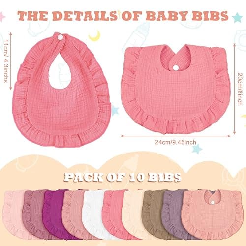 Seematn 10 Pcs Baby Muslin Bibs Drool Bibs Bandana Ruffle Soft Cotton for Newborn Baby Infants Girl Teething Toddlers Boy(Retro Colors) thumbnail 3