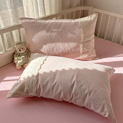 VM VOUGEMARKET Pink Full Duvet Cover Set 3 Pieces Lace Bedding Set Simple Cozy Plaid Checkered Comforter Cover with Zipper Ties for Teen Girls thumbnail 8