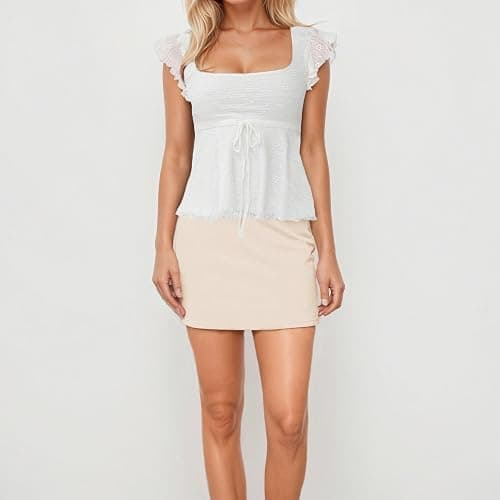 FWSAM Women Trendy Square Neck Cap Sleeve Peplum Top Y2k Lace Up Layered Lettuce Trim Flared Ruffle Hem Tee Shirt thumbnail 3