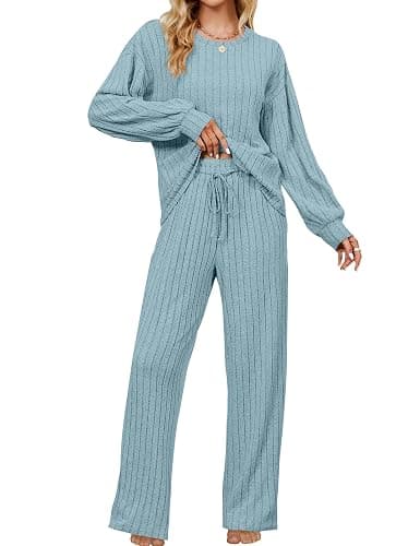 Blooming Jelly Womens Lounge Set Cute Long Sleeve Pajama Sets Casual 2 Piece Pj Outfit Fall Sleepwear Pockets - Medium - Light Blue - Image 1