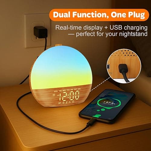 Sunrise Alarm Clock with Sound Machine - Wake Up Light, Wood Grain, Bluetooth, Dual Digital Alarm Clocks for Bedrooms, Adjustable Brightness, 30 Sleep Sounds, White Noise Machine for Baby & Adults thumbnail 9