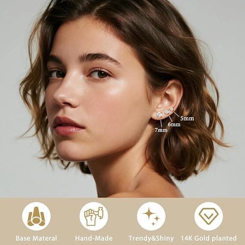 7 Pairs 18G 20G Flat Back Stud Earrings, Hypoallergenic Surgical Steel Set | 14K Gold Plated with Bonus Plum Blossom Screw Backs, CZ Sizes 2-8mm for Multiple Piercings, Sensitive Ears & Daily Wear thumbnail 3