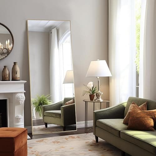 Aidoly Mirror Full Length, Upgraded 16"x59" Body Wall Mirrors with Shatter-Proof Glass, Floor Standing, Hanging or Leaning, Tall Mirror with Stand Aluminum Alloy Frame for Bedroom, Gold thumbnail 7