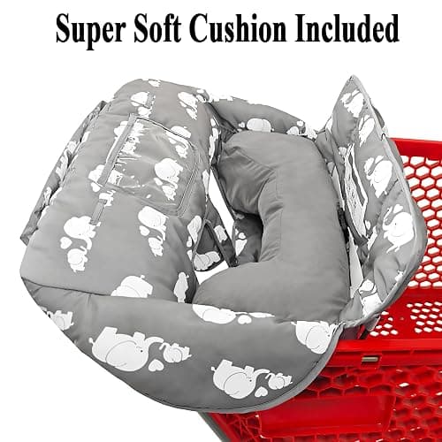 Soft Pillow Attached 2-in-1 Shopping Cart and High Chair Cover for Baby, Cotton Padded Cart Cover, Fold'n Roll Style, Portable with Carry Bag (Gray Elephant) thumbnail 4