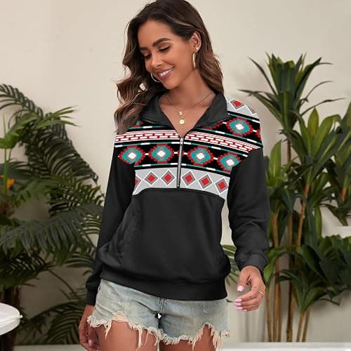 LEMAFER Women's 2024 Casual Aztec Cow Print Zipper Collar Pullover Sweatshirt Western Cowgirl Ethnic Style Hoodies thumbnail 3