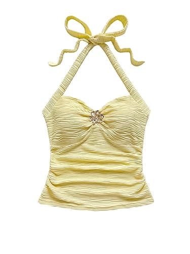 SOLY HUX Women's V Neck Halter Tops Open Back Y2k Ruched Floral Metal Summer Going Out Cami Tops - X-Small - Plain Yellow