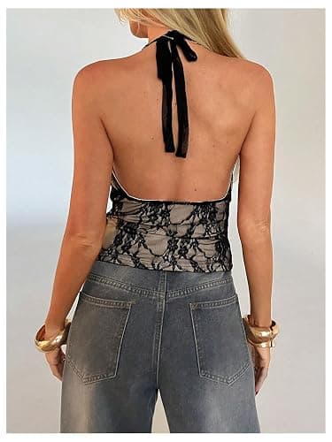 BEAUDRM Women's Y2k Going Out Tops Lace Halter Tops Sexy Party Club Outfits | Lace Tops, Going Out Top, Polka Dots, Leoaprd, Goth, Festival Outfits, Whimsy Clothes thumbnail 2