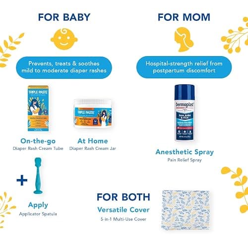 Triple Paste Mom & Baby Early Essentials Gift Set with 5 Items, Diaper Rash Ointment 8oz Jar & 2oz Tube, Spatula Applicator, Dermoplast Spray, and Multi-Use Cover, Shower Gifts for Moms thumbnail 3