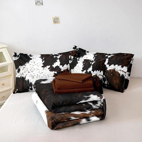 MUGINYU Brown Cowhide Comforter Set Queen, 8 Pieces Bed in a Bag Black White Cow Skin Print Western Farmhouse Animal Fur Bedding Set thumbnail 6
