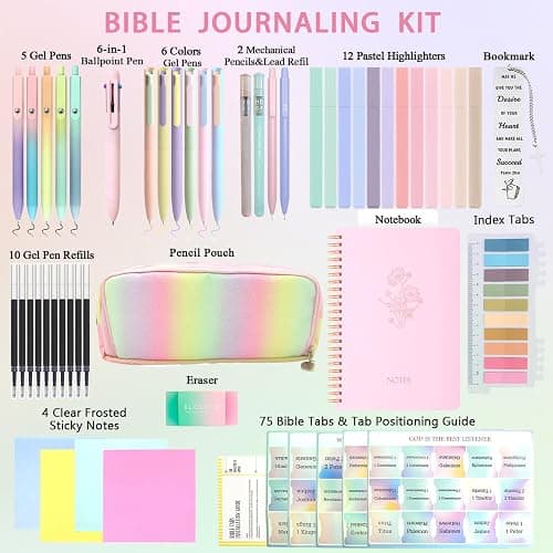 52Pcs Aesthetic School Supplies Set,Bible Study Supplies Journaling Kit for Women,with Large Iridescent Pencil Case, journal notebook,No Bleed Highlighters and Pens,Sticky Notes, (Rainbow-colored) thumbnail 2