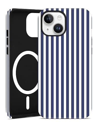 Jusy Compatible with MagSafe Striped Phone Case for iPhone 13/14, Cute Aesthetic Magnetic Soft TPU and Hard PC Protective Phone Cover for Women Girls（Matte） - Navy Blue - Image 1