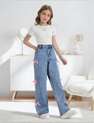 Peakpride Baggy Jeans for Girls Wide Leg High Elastic Waisted Cute Bow Denim Y2k Pant Trendy Boyfriend Skater Streetwear thumbnail 2
