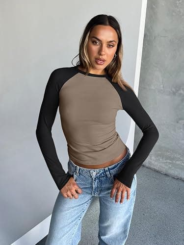 Trendy Queen Women's Long Sleeve Shirts Slim Fit Stretchy Color Block Slightly Cropped Tops thumbnail 5