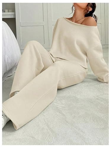 SOLY HUX Women's 2 Piece Outfits Fall Sweatsuits Off The Shoulder Crop Top Wide Leg Sweatpants Casual Matching Lounge Sets thumbnail 5