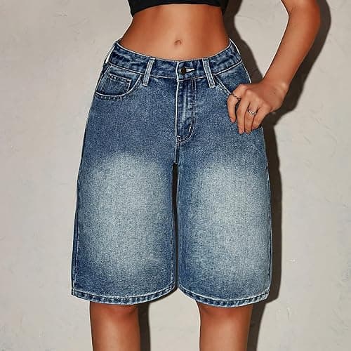 Bermuda Shorts for Girls Stretchy High Waisted Denim Shorts Baggy Y2k Knee Length Casual Long Summer Shorts 12-16Years thumbnail 2
