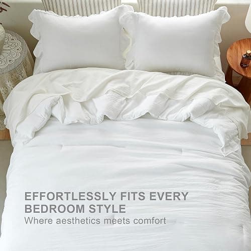 softpage White Ruffle 2 Pieces Comforter Set Twin Shabby Chic Bedding Set | Pre-Washed Lightweight Cottagecore Soft Romantic Cozy 1 Comforter & 1 Sham All-Season thumbnail 3