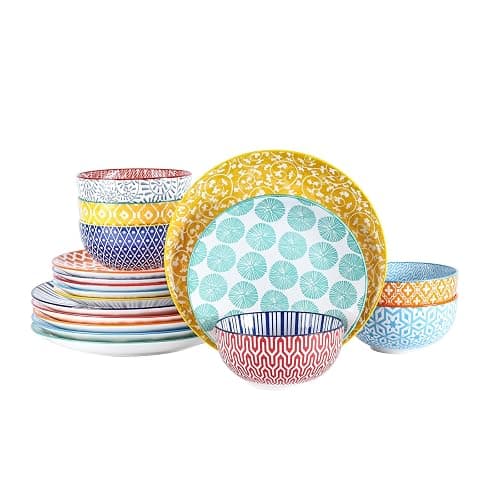 Selamica Ceramic Dinnerware Sets for 6, 18 Pieces Plates and Bowls Set, Scratch Resistant Dishes Set, Dishwasher&Microwave Safe, Assorted Colors - Image 1