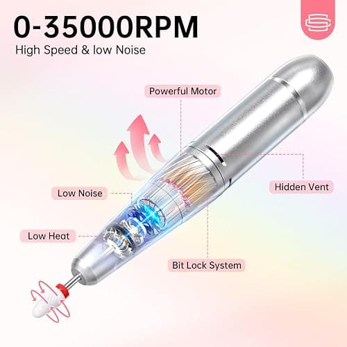 Nail Drill Professional 35000RPM Sparkling Portable efile with 12 Drill Bit | Rhinestone | 1800mAh Type-C | Stepless Speed Regulation | Low Noise & Low Vibration | Manicure Pedicure | Pink thumbnail 3